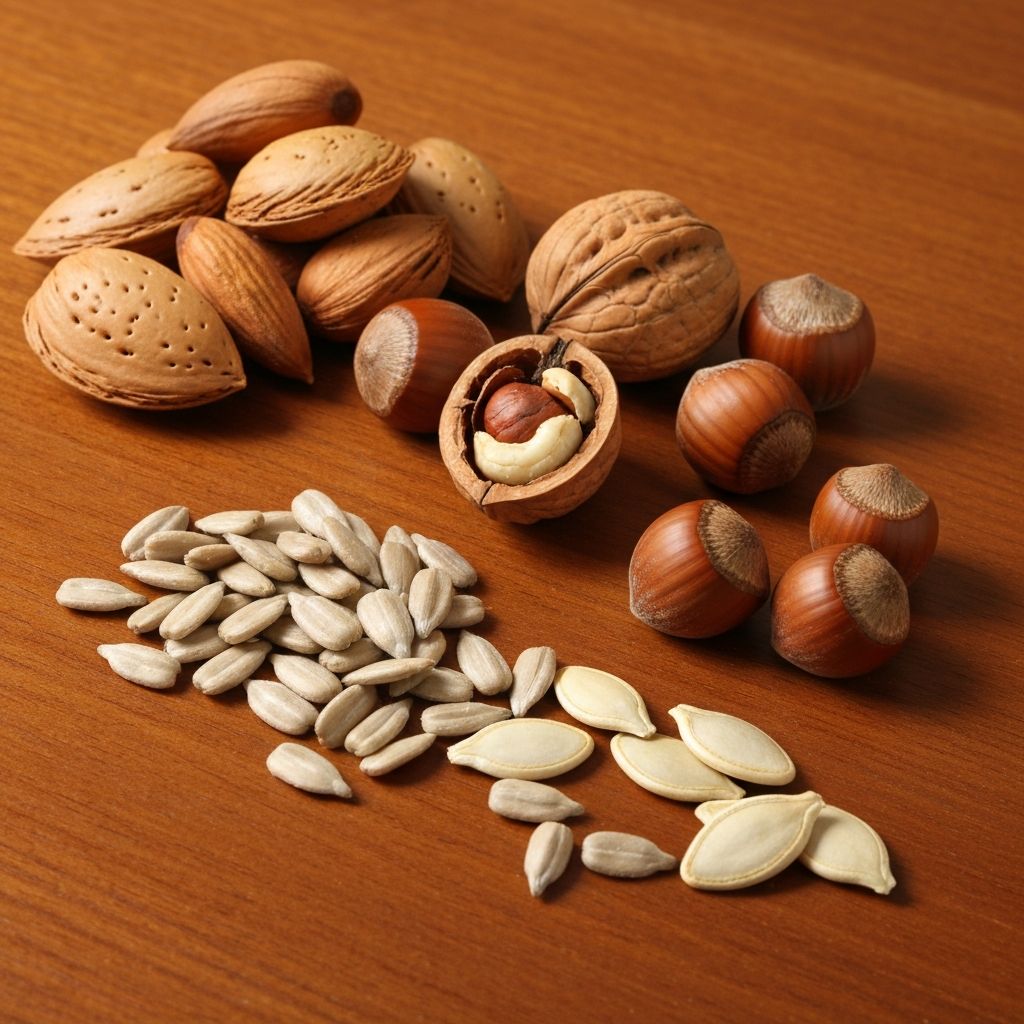 Assorted nuts in shells and seeds on wooden table